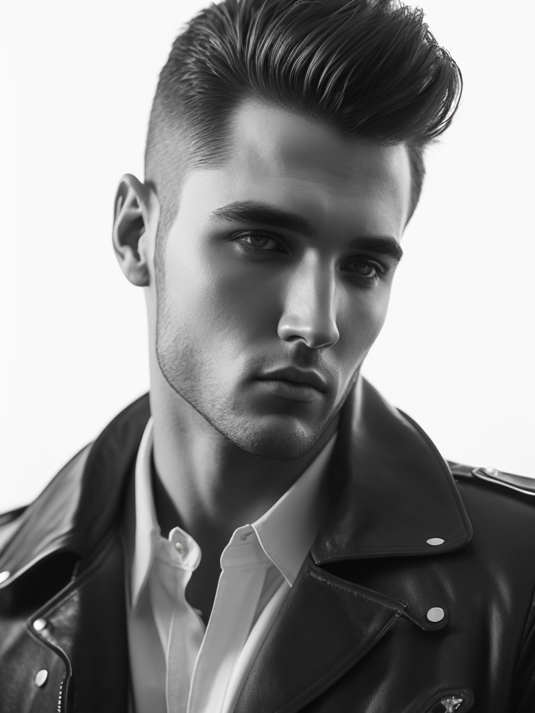 Portrait of a man with a haircut like Elvis Presley, leather jacket, black and white