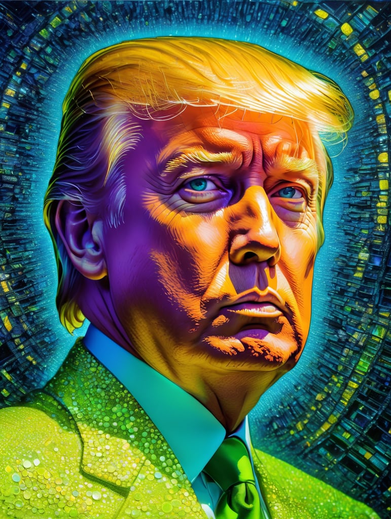 Fine Art Fluorescent Pointillism Sci-fi Surrealism Photography, Futuristic Donald Trump, Portrait made of hyper-detailed transparent frosted plastic, Moebius Bernard Buffet, van Gogh, Vermeer, Erin Hanson, Pierre Soulages, National Geographic, textured depth, vibrant fluorescent hyperrealism photo