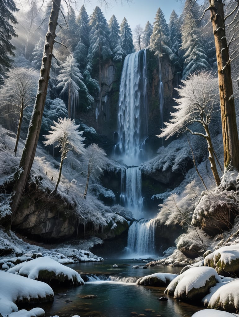 snow forest with giant waterfalls