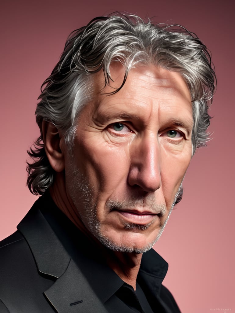 Portrait of Roger Waters, muted and unsaturated colors, elegant, highly detailed, vogue, fashion magazine, sharp focus,Dramatic Lighting, Depth of field, Incredibly high detailed, blurred pink background