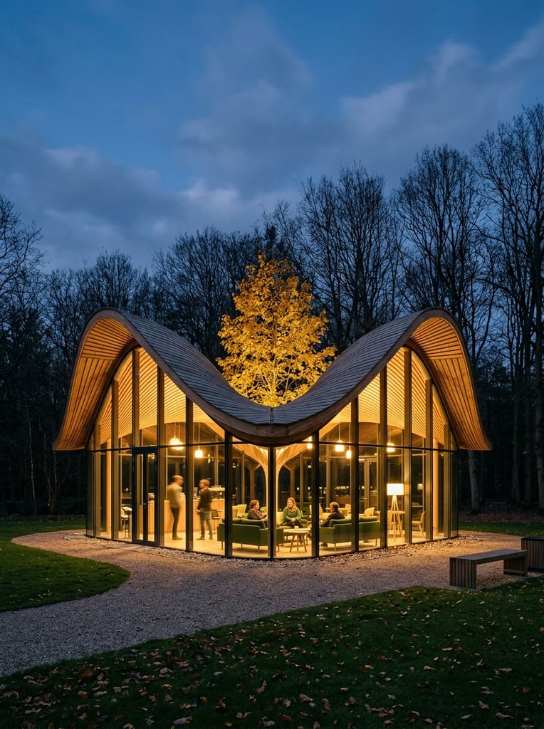 A modern glass pavilion with an undulating, saddle-shaped timber roof glows warmly at twilight against a backdrop of bare trees. The single-story structure features floor-to-ceiling glass walls divided by dark vertical mullions, revealing an illuminated interior with green sofas and a few occupants. The dramatic slatted wood roofline dips sharply in the center, framing a brightly lit yellow tree behind it. The building rests on a circular gravel path bordered by a manicured lawn in the foreground. A dense silhouette of tall trees spans the background beneath a deep blue evening sky. The architectural photography employs a wide-angle perspective, contrasting the warm golden interior light against the cool ambient twilight to emphasize the organic geometry of the design.