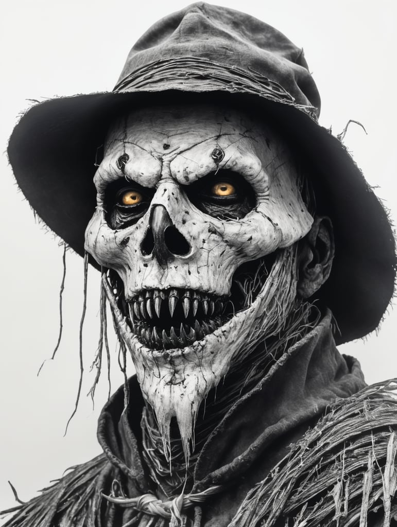 Pure Black and white pen sketch, scary ugly scarecrow on a white background
