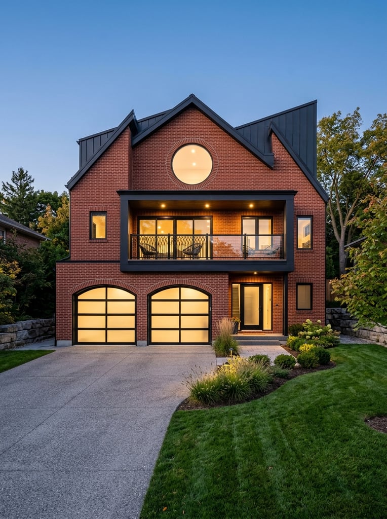 Modern two-story red brick house exterior, asymmetrical saw-tooth roofline, large circular upper window, arched glass garage doors, black metal balcony railings, warm glowing interior lights, concrete driveway, manicured green lawn, clear blue twilight sky, straight-on architectural photography