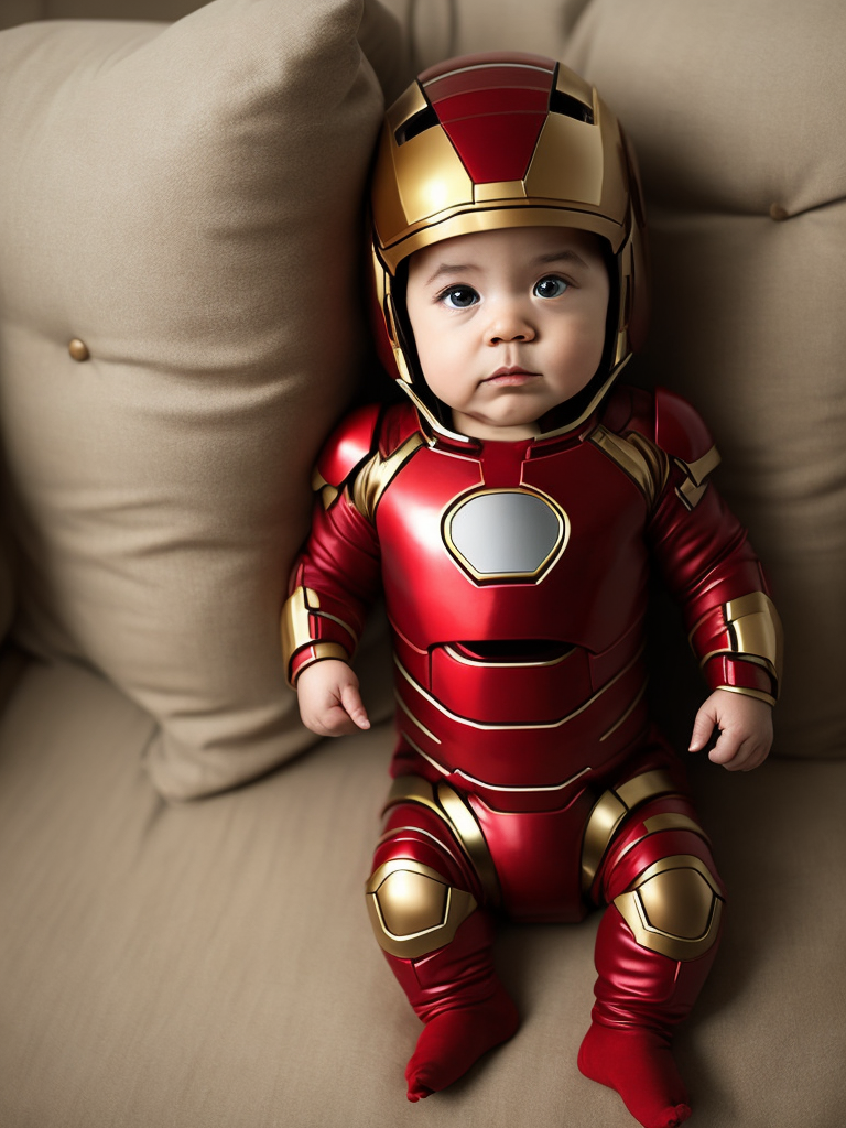 The adorable photo showcases a baby dressed in an iron man costume, capturing the essence of the iconic superhero. the little one is nestled comfortably in a red and gold onesie that mimics iron man's famous armor. the suit features meticulously crafted details, including the arc reactor on the chest and the intricate designs on the helmet. the baby's chubby cheeks and bright eyes give them an extra dose of cuteness as they gaze curiously at the camera, seemingly ready to take on the world.