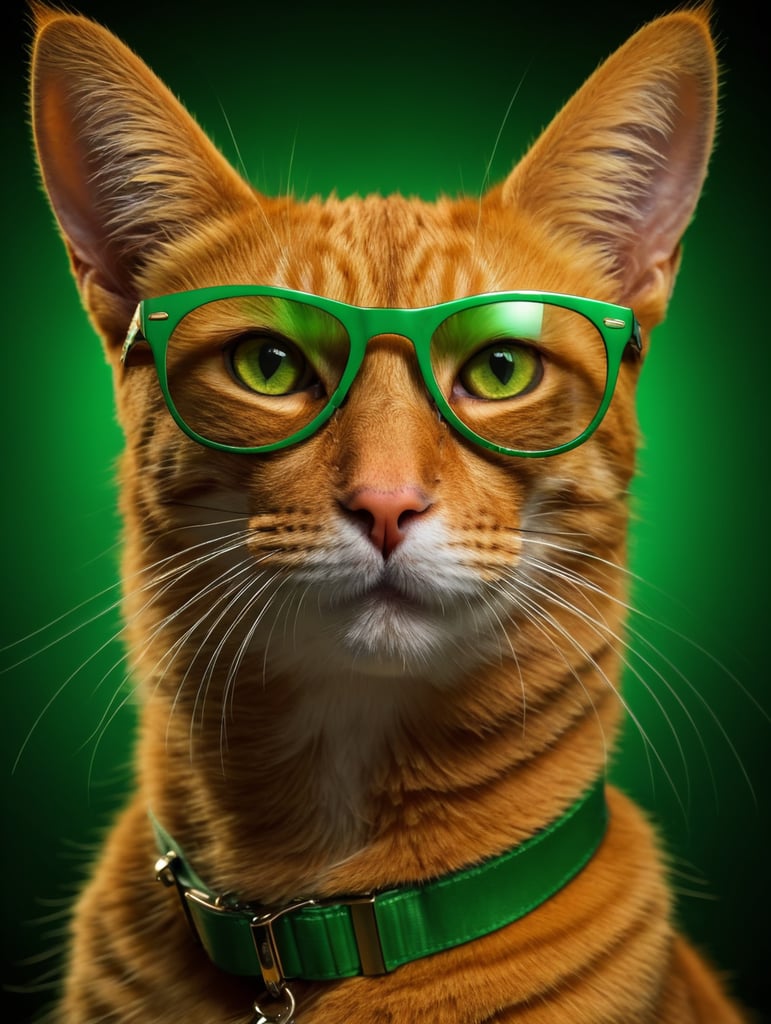 portrait of a orange cat, wearing green sunglasses, green background, bright colors