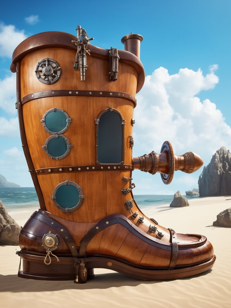A giant's boot modified into a wooden submarine boot with a propeller on the back of the heel, a periscope, water tight, portholes. Epic composition. Highly detailed.