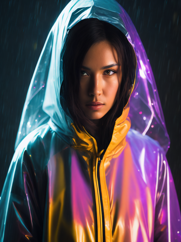 a women wearing ((transparent raincoat)), under the rain, ultra realistic, neon lights
