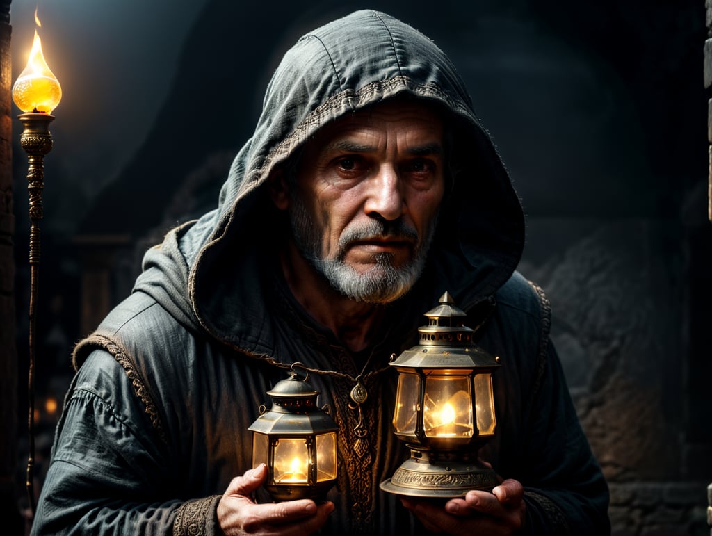 Mysterious old hooded figure, old man, full body, hunched over, covered face, holding an oil lamp, no background