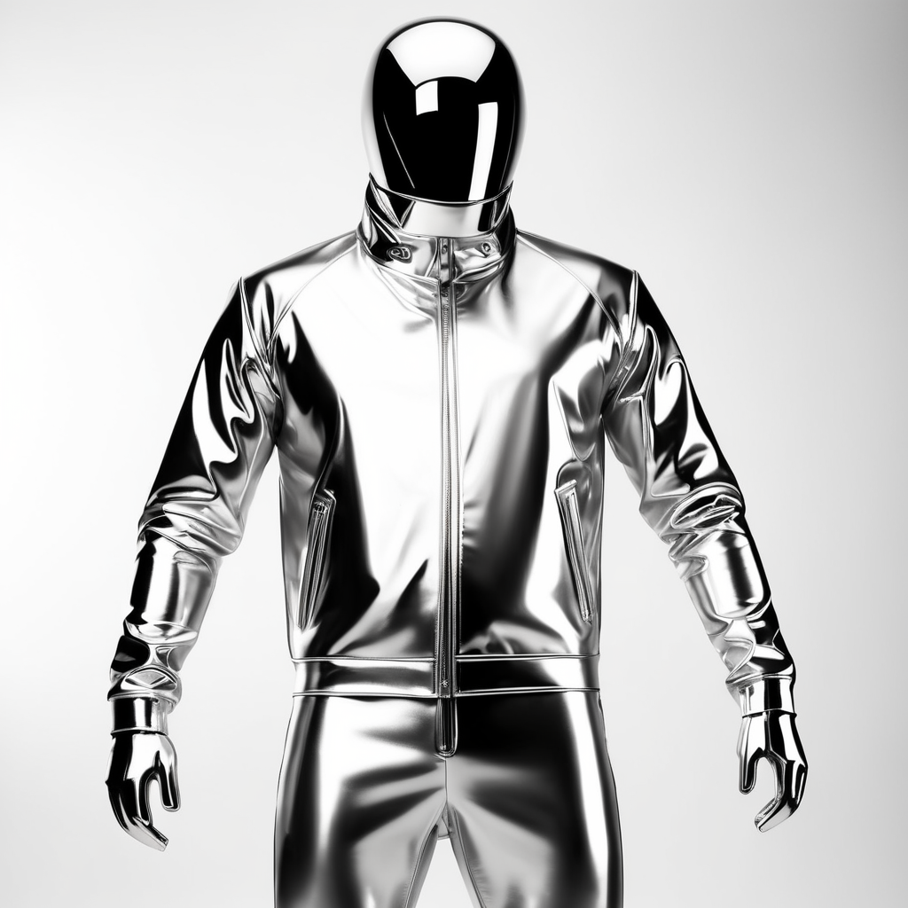 A realistic photo of a chrome shiny jacket on a invisible mannequin, coverall with reflective material, isolated, white background