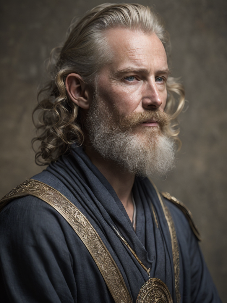 Portrait of a Russian navigator living in the 1400s, Afanasy Nikitin, fair-haired curly beard, blond hair, age 60, dressed in a painted caftan, holding a spyglass