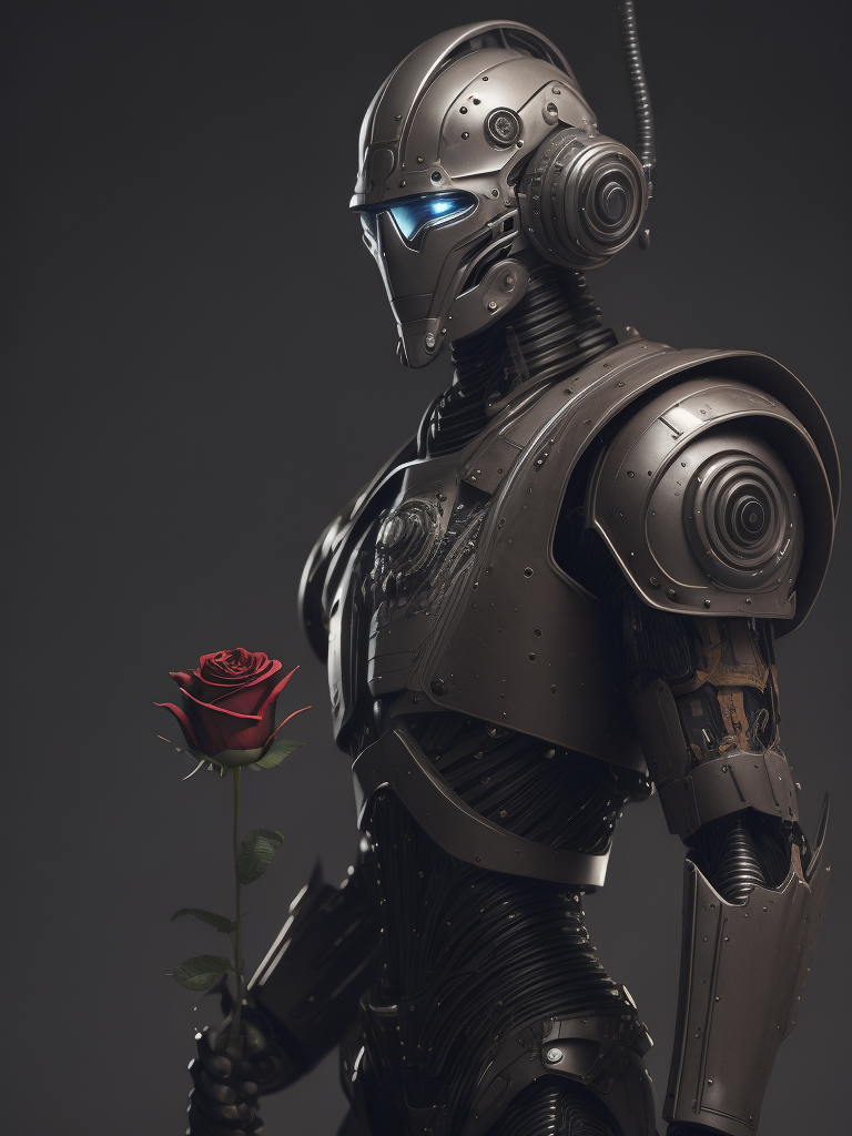 Portrait of a robot detective, holding a rose in his hand