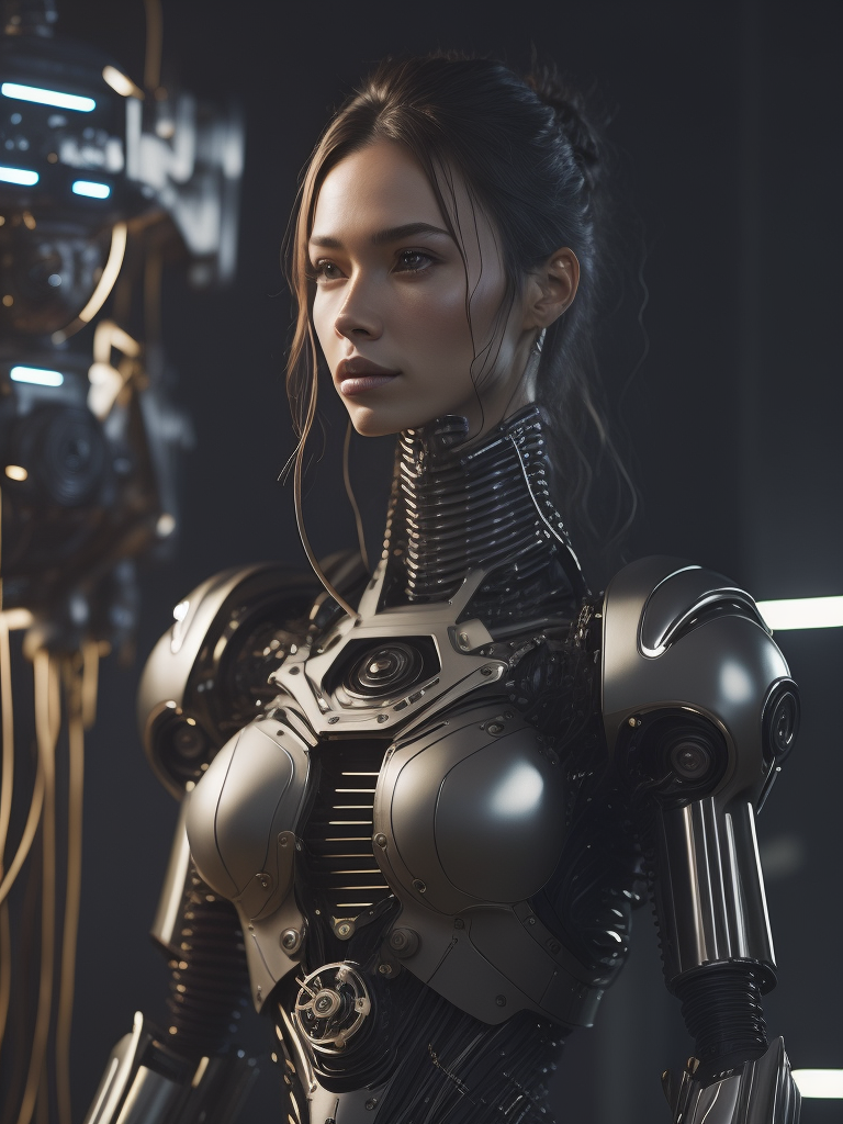 ((Masterpiece)), ((best quality)), ((ultra-detailed)), ((highly detailed CG illustration)), ((an extremely delicate and beautiful)), (cute delicate face), cinematic light, (1 mechanical girl), solo, full body, (machine-made joints:1.4), ((mechanical vertebra attaching to the back)), ((mechanical cervical attaching to the neck)), ((sitting)), (wires and cables attaching to the head and body:1.5), (glowing neon accents), (mechanical gears and pistons), (meticulous craftsmanship), (shimmering metallic textures), (futuristic background), (advanced technology), (subtle reflections), (captivating eyes), (intricate details), (exquisite beauty), (artistic elegance), (best quality), (artistic excellence).