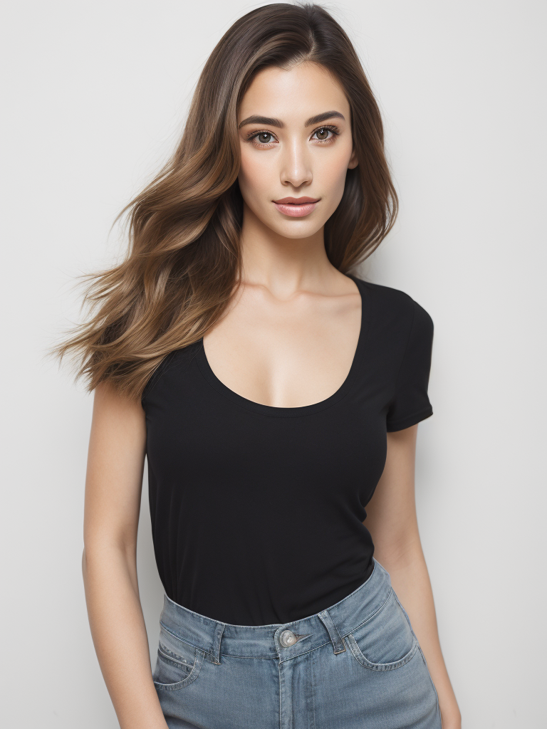 a beautiful women wearing a black t-shirt, white background