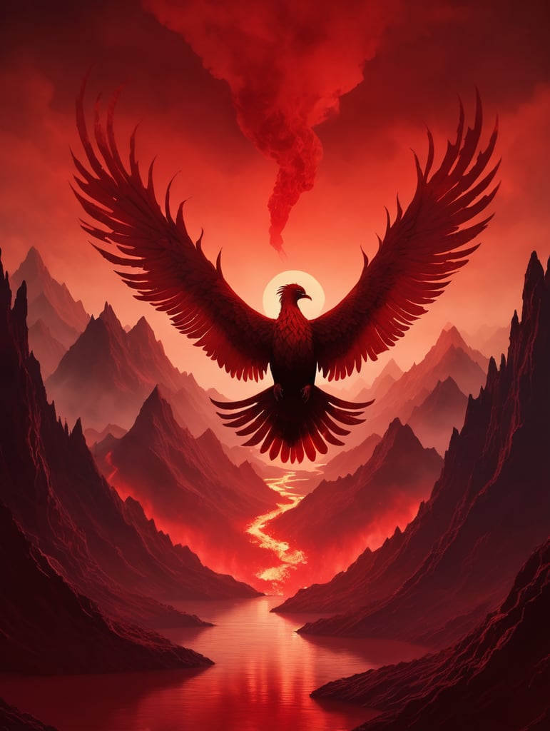 Phénix silhouette rouge sang en 4d en arrière plan les enfers où il y a du feu partout des montagnes ect