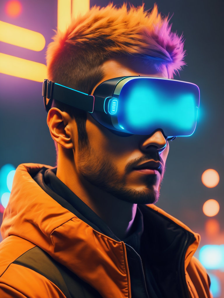 Man wearing virtual reality glasses, cyberpunk style, neon colors, bright colors, bright blue glowing glasses, sharp details, contrasting light