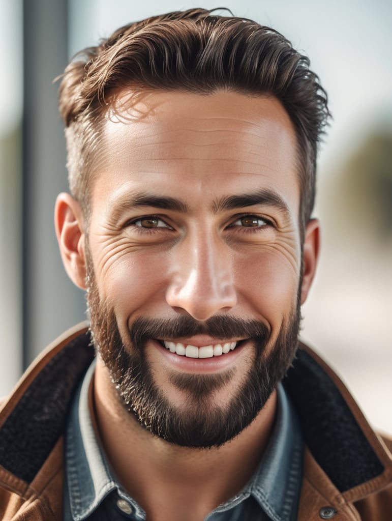 realistic portrait of an western man with beard on white plain background smiling at the camera