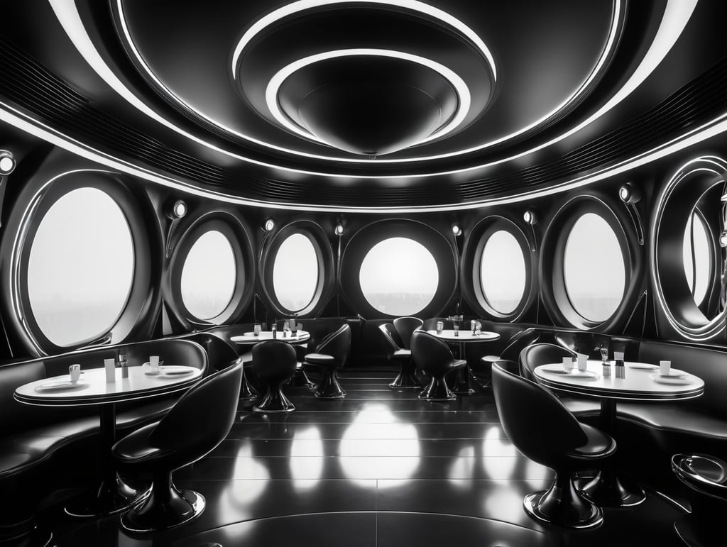 Futuristic interior of UFO cafe. Alien interior, black tones