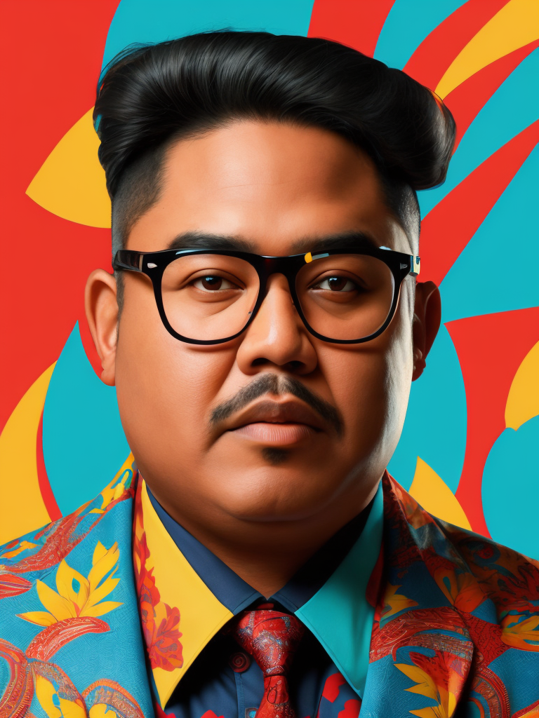 Israel Kamakawiwoʻole wearing a brightly patterned jacket and wayfarer glasses, Vivid saturated colors, Contrast color