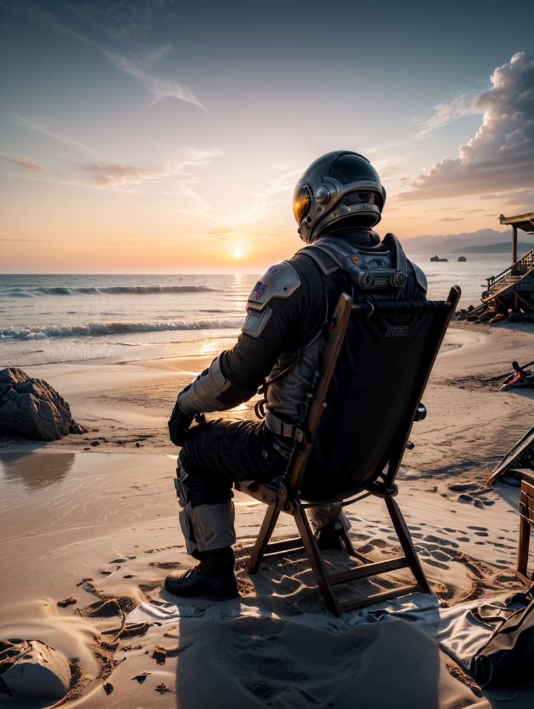 An astronaut sitting on a beach chair on a beautiful beach. With the sunset in the background.