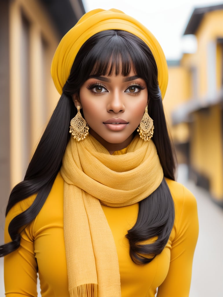 Pretty brown skin girl brown eyes long black front wig long lashes earrings bent over back with yellow outfit with scarf from behind bottom half of her