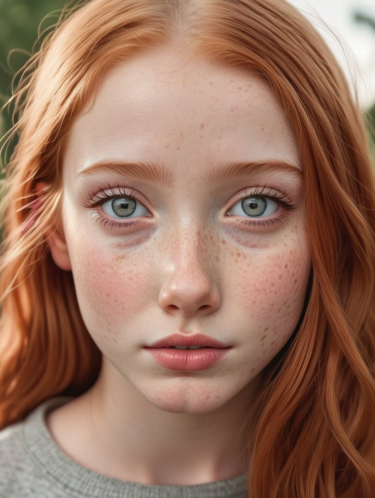 15 years old redhead girl with many freckles, gray eyes, full lips