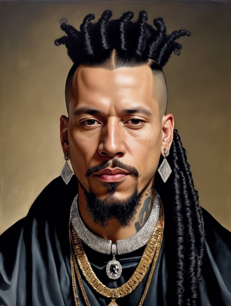 a beautiful masterpiece painting by Diego Velázquez of an english white rapper, wearing a huge diamond neckless, and classical king black clothes, with dreadlocks, and facial tattoos, classic portrait