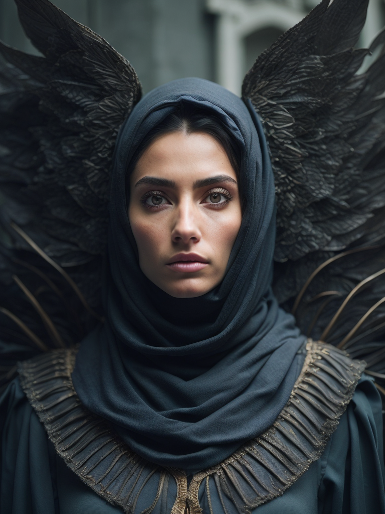 hyper-realistic, ultra-detailed photograph Portrait of a Beautiful woman who has large black crow feather wings wearing black hijab in the Renaissance ottoman mosque background, detailed gorgeous face, depth of field, HOF, hall of fame,