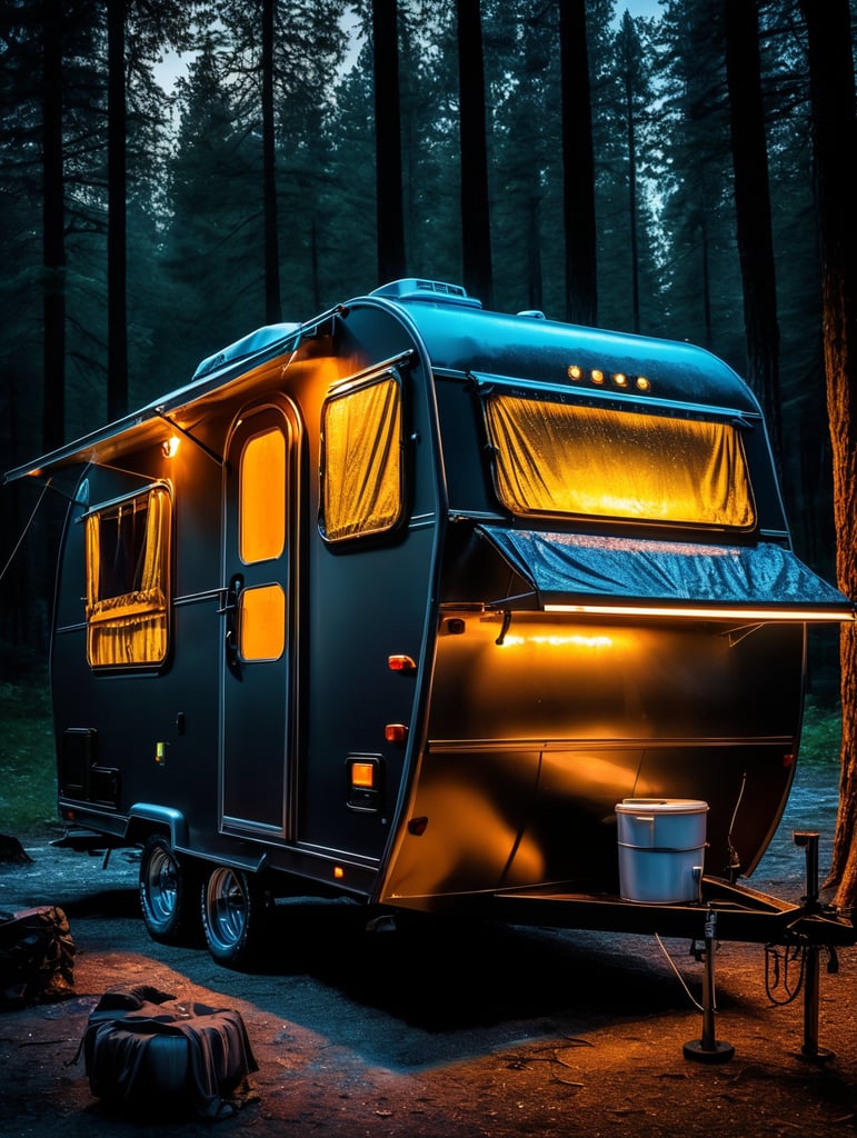 Alien camping trailer made of black alien liquid, translucent with neon lights, liquid dripping from the trailer, dark atmosphere