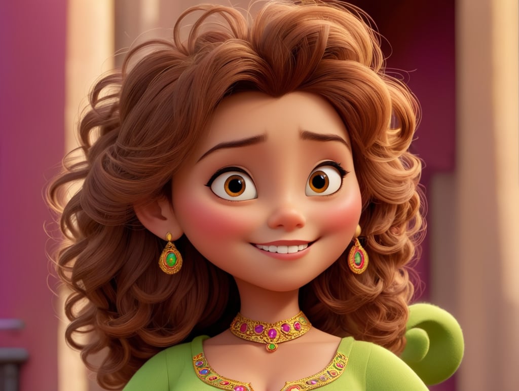 A Disney Pixar-inspired movie poster with title "Lulu Ribas", the scene should be in the distinct digital art style of Pixar in front of the Amazon opera theater, with a focus on character expressions, light Brown Curly hair, vibrant colors, and detailed textures that are characteristc of their animations, with the title "Lulu Ribas"