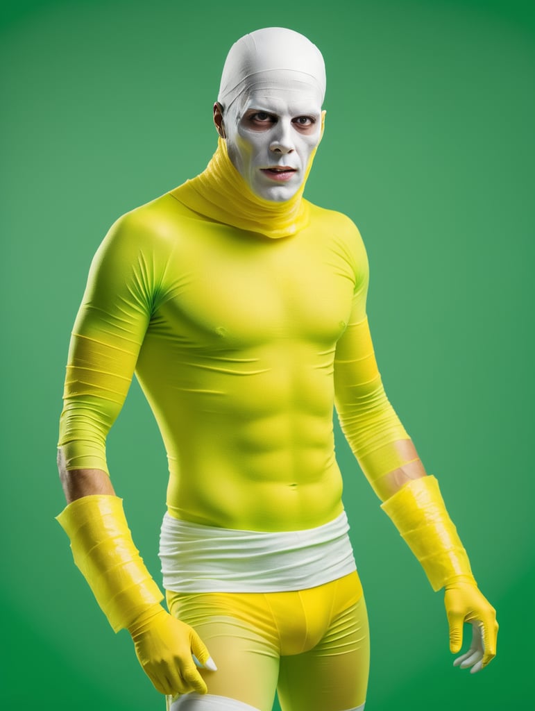 A photograph of man covered in yellow bandages with realistic style, halloween costume, green background, full body, show hands, show neck and head