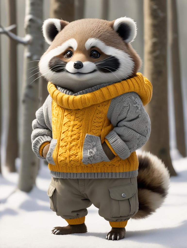 A tanuki wearing a cheery sweater and gray cargo pants.