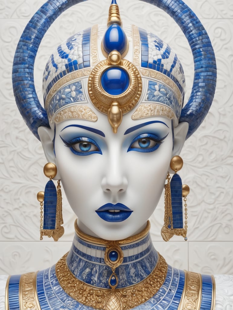 mythology goddess creature with Tutankhamen mask made of azulejo’s white and blue, gothic, gold, Neoclassical, elegant, beauty, antique classical, masterpiece, Canon50, Beautiful Lighting, Sad, highly detailed, detailed facial features, unreal engine, very detailed eyes, symmetrical eyes, mythology