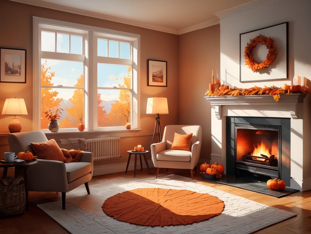 A flat vector illustration of a cozy autumn interior, with stylized fireplace, warm blankets, and a cup of hot cocoa, stylized autumn leaves decorating the room, and a comforting color palette invoking the snug feeling of autumn indoors, Flat Vector Illustration, designed with vector graphics software to convey the cozy and inviting atmosphere of an autumn home