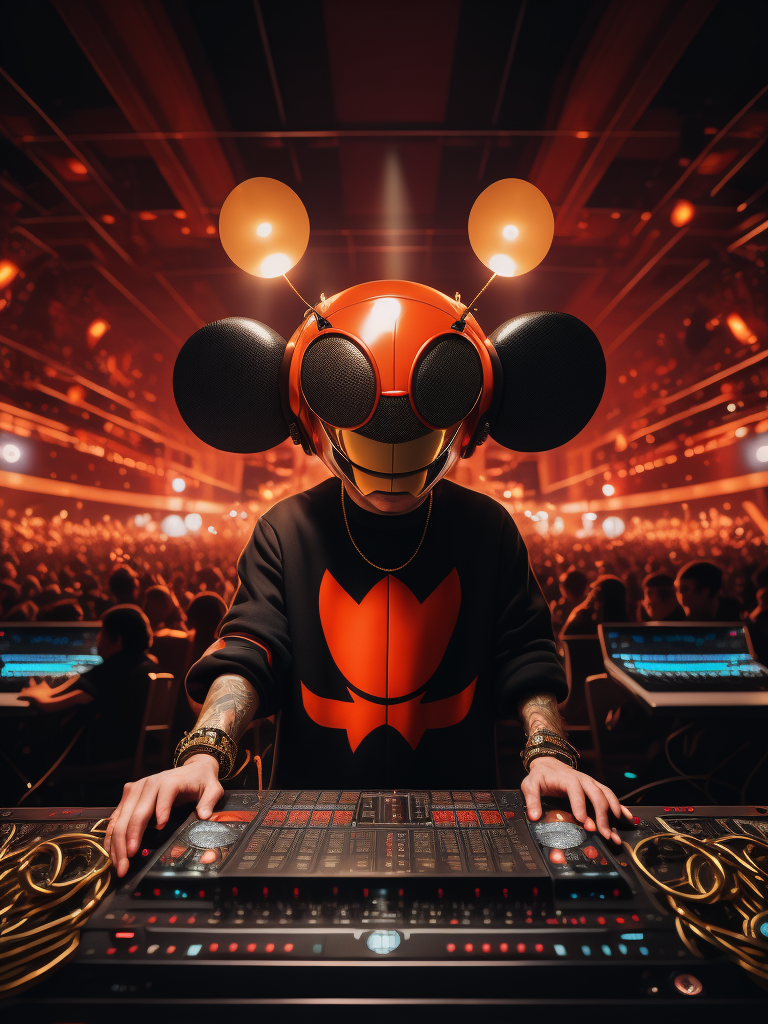 Deadmau5 dj playing in the night club, Red oversize t-shirt and gold chain, hall full of people having fun in the background, ultra realism, super detailed, neon colors