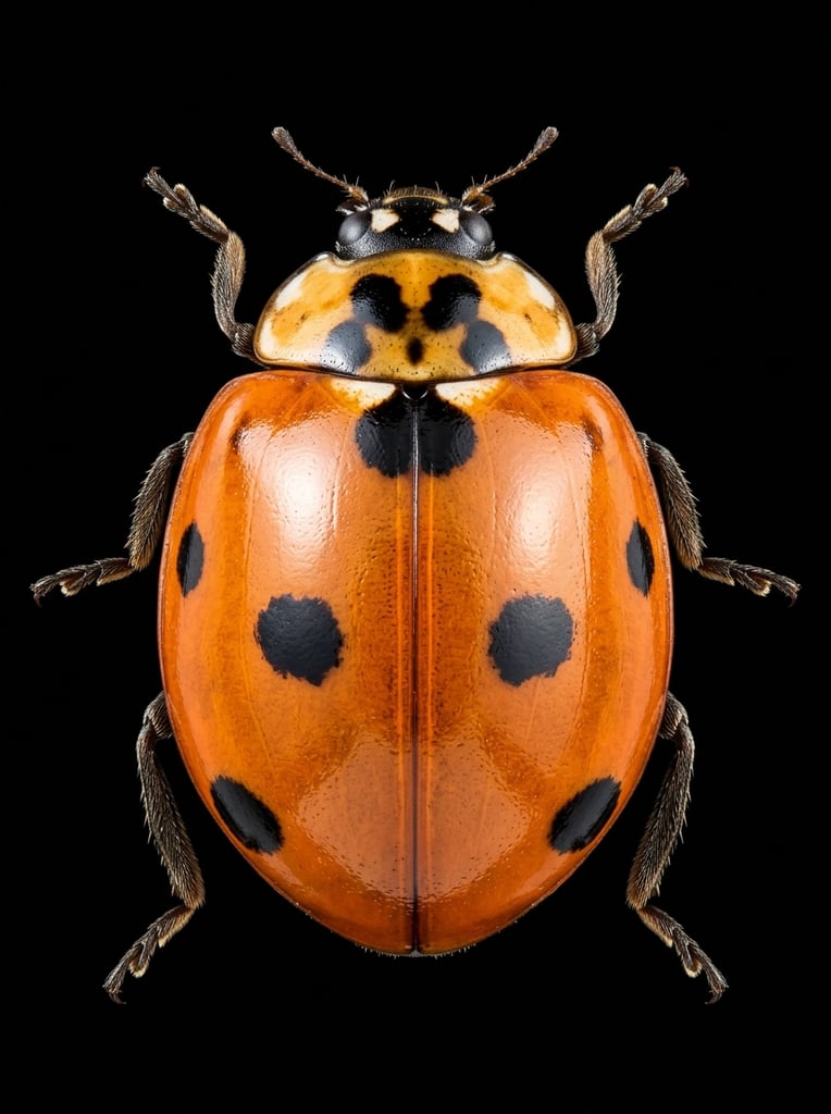 Macro photograph of an orange ladybug viewed from directly above against a pure black void, glossy domed elytra decorated with bold black spots and a fine central split line, bright specular highlights revealing a smooth reflective texture, yellowish-orange pronotum featuring a distinct symmetrical black pattern, black head with small white markings, segmented antennae pointing upward, six articulated legs covered in fine bristle-like hairs extending outward, hyper-realistic macro photography, studio lighting, stark contrast, sharp focus, scientific specimen aesthetic