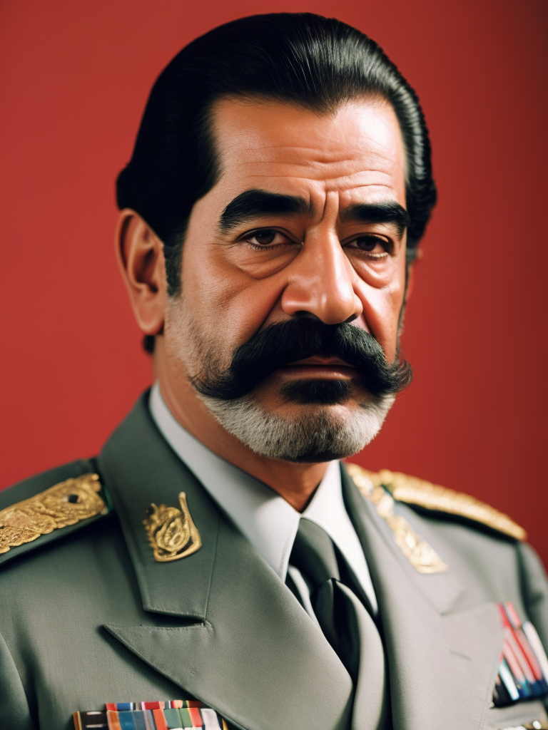 Portrait of Sadam Husein, Saddam Hussein was a prominent political figure who served as the President of Iraq from 1979 to 2003. He led Iraq through a period marked by conflict, both domestically and internationallyn, portrait in Iraq office, special atention of red sharp focus, highly detailed, photorealistic photoreal: 1.4, lifelike,highly detailed CG unified 8K,looking at the viewer smiling, (HQ skin:1.4), 8k uhd, dslr, soft lighting, high quality, film grain, Fujifilm XT3, smiling front camera. Saddam Hussein was the President of Iraq from 1979 to 2003. He was known for his distinctive physical appearance. Here's a description of his physical attributes: Saddam Hussein was of average height, standing around 6 feet (183 cm) tall. He had a stout build and often appeared in military uniforms or traditional Arab attire. He had a mustache and typically kept his hair closely cropped. His facial features included a prominent nose and dark eyes. Throughout his rule, Saddam Hussein was often seen wearing milita