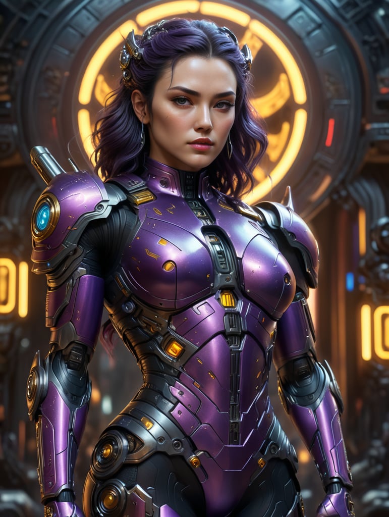 Cyberpunk, sci-fi woman, fantasy, kodak portra 400, 8k, soft light, volumetric lighting, highly detailed, goddess of victory style, skin formed by digital optical fiber, intricate, elegant, highly detailed, digital painting, concept art, smooth, sharp focus, comic illustration,full body, armor star wars, dark hair, muscular,full purple body suit