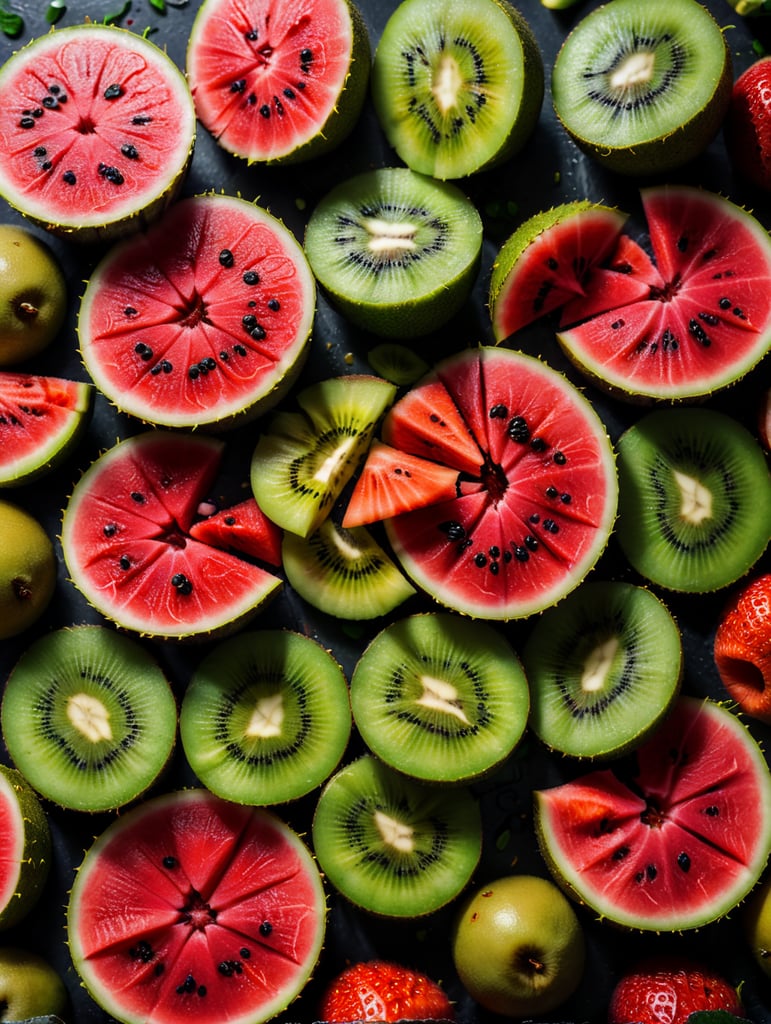 Colorful sliced fruit pieces, top view, watermelon, dragon fruit, kiwi, strawberry, texture