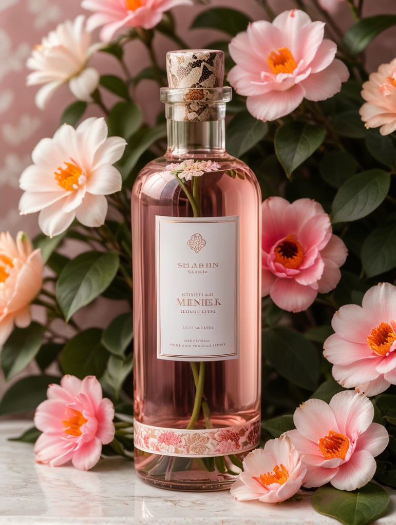 Minima perfome bottle, blanc label, snake, floral background, pink and oranhe flowers