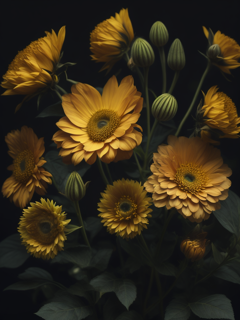 yellow flowers, dark atmosphere, deep colors, clear details