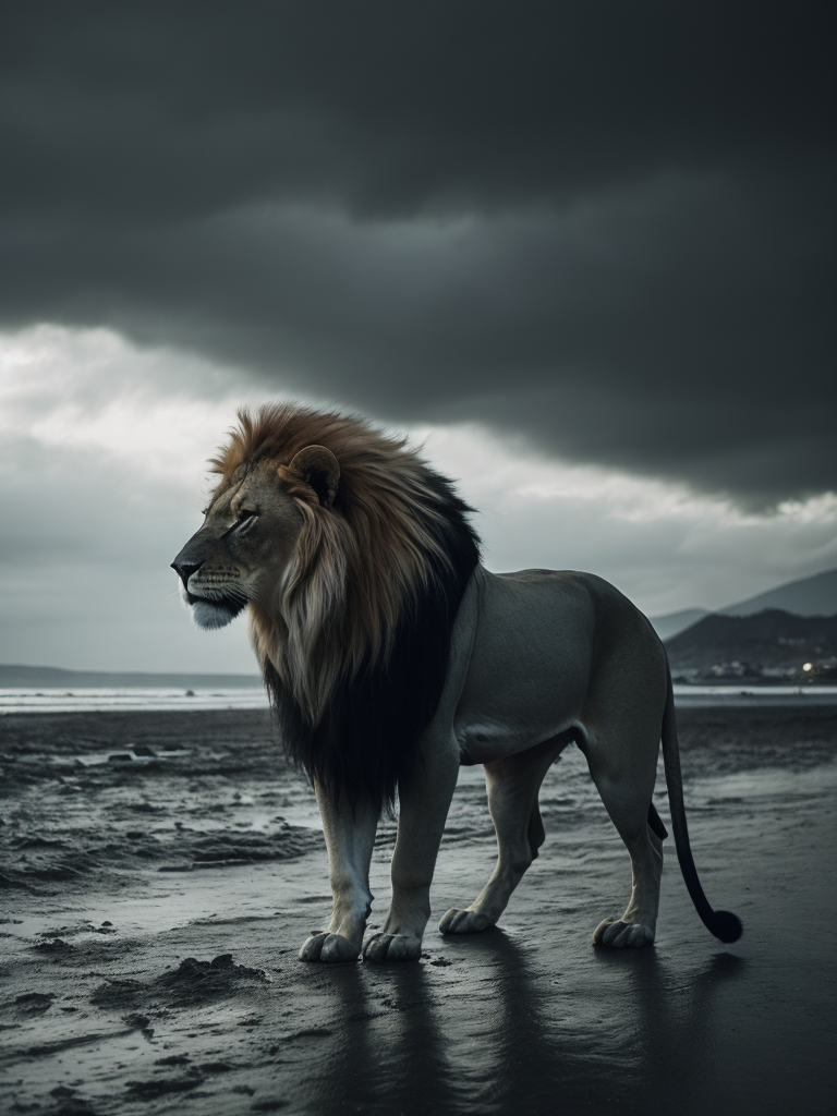 lion in profile, standing toward the camera, in a Mexican sobrero, wearing a Hawaiian shirt, with the beach in the background —v 5 —q 2 —s 250