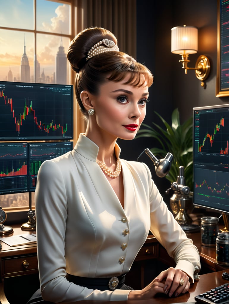 A stunning portrait of Audrey Hepburn as a successful and confident professional trader in her 30s. She is seated at a sleek trading desk, surrounded by multiple monitors displaying financial data and charts. Audrey is elegantly dressed in her iconic style, with her hair swept up in a chic chignon and her signature pearls. Her eyes are focused intently on the screens as she analyzes market trends, her lips curved into a subtle smile. The room is bathed in a warm, golden light, highlighting the intricate details of her clothing and the luxurious furnishings. The overall effect is one of sophistication, intelligence, and quiet determination.