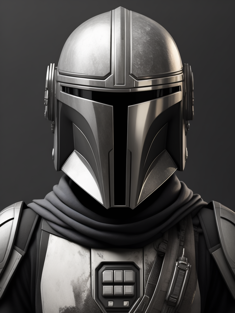 a front view of black and white Mandalorian helmet with round top