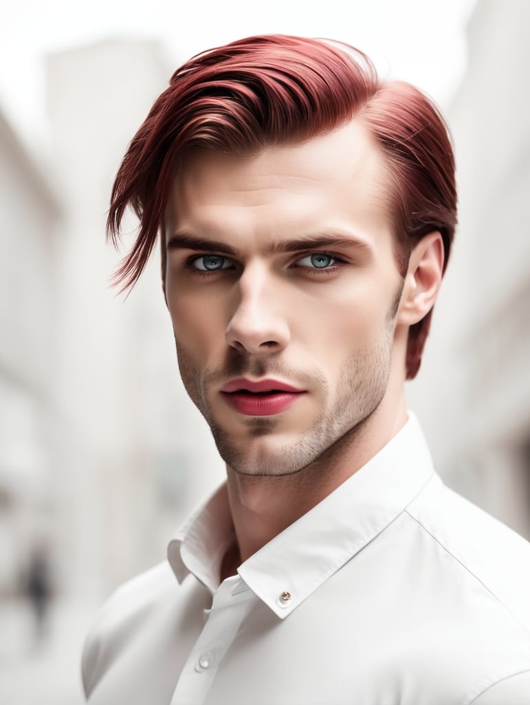 Young man Pale Approximately 26 years old Ash brown hair Short straight hair with bangs slightly in face deep Red eyes Bad boy look Handsome Lean but not muscular