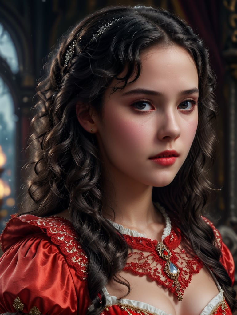 Beautiful young teenage woman, princess, very pale, curly black hair and dark eyes, Snow White, 1930s style, disney cartoon come to life, red gown, innocent sweet face