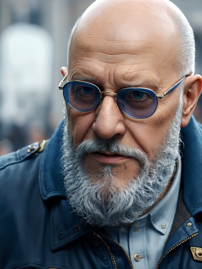 An old bald man with a gray beard, wearing a blue jacket and Moscot glasses