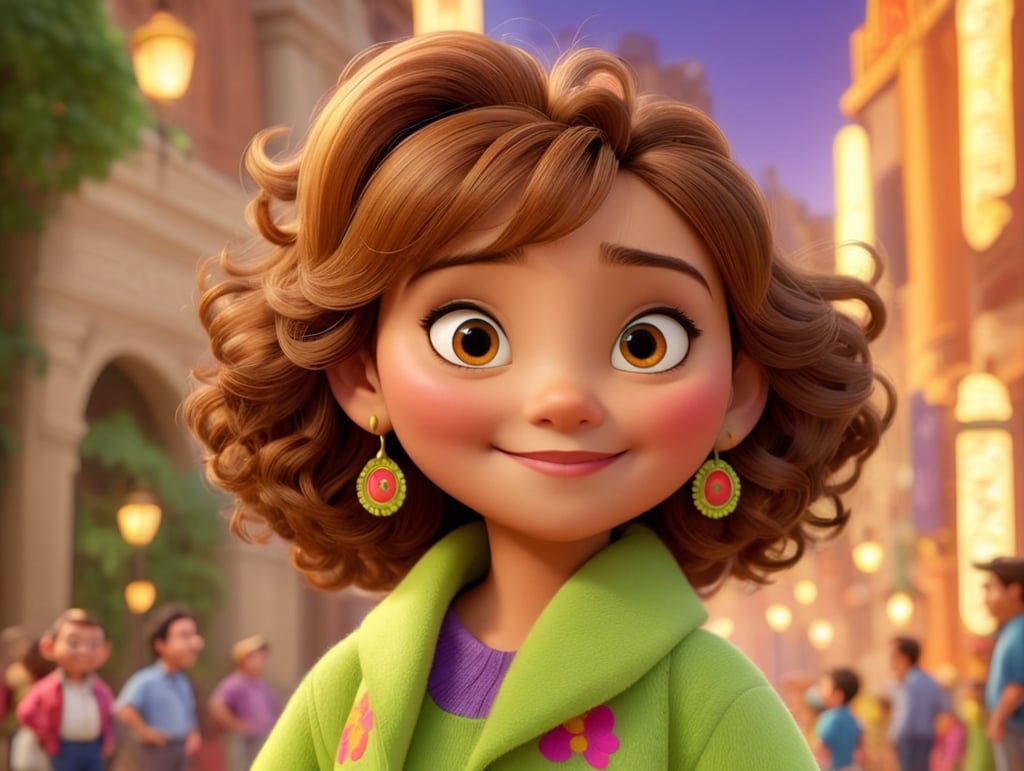 A Disney Pixar-inspired movie poster with title "Lulu Ribas", the scene should be in the distinct digital art style of Pixar in front of the Amazon opera theater, with a focus on character expressions, light Brown Curly hair, vibrant colors, and detailed textures that are characteristc of their animations, with the title "Lulu Ribas"