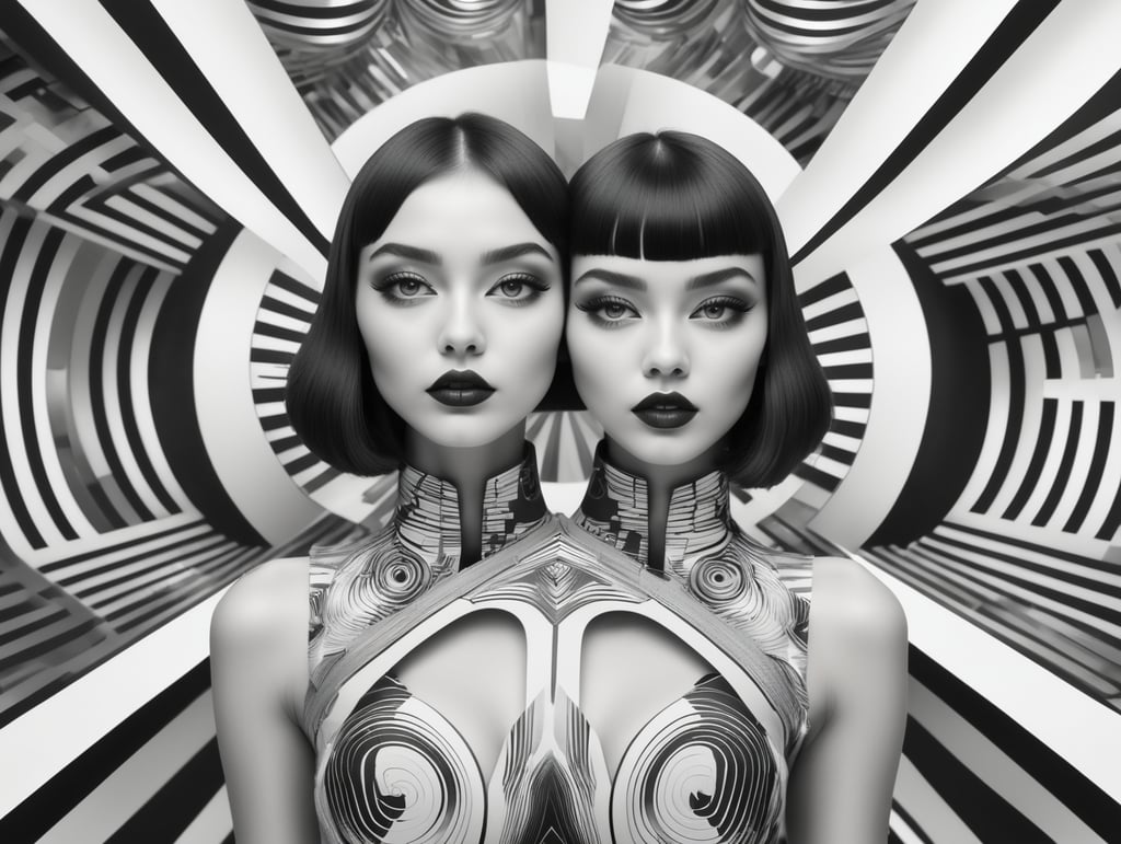 Cute girl model, retro futurist of high fashion, made in symmetrical black and white psychedelic style, black and white beauty, optical illusion, glitch art, flirty, shot on Canon