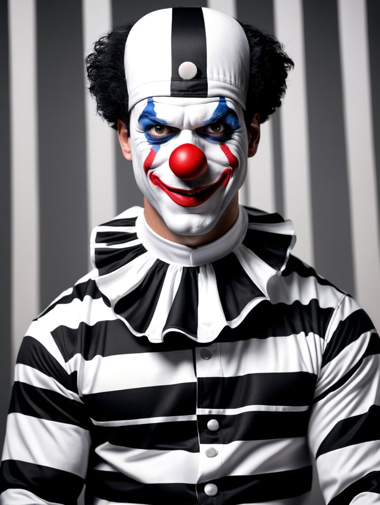 clown in a black and white stripes prison jumpsuit uniform