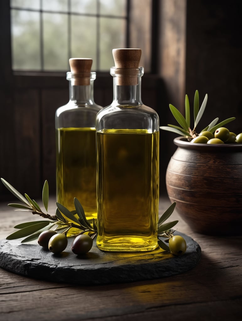 Quiero hacer una botella de aceite de oliva de 500 ml con una bebida de color aceite en su interior, llena hasta arriba con un tapón de madera. Sobre una mesa de madera deben colocarse una botella y unas ramas de olivo. Queremos que la marca sea fiel al antiguo estilo andaluz.